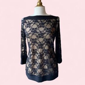 New Directions Black Floral Lace Boat Neck 3/4 Sleeve Blouse Nude Lining Medium